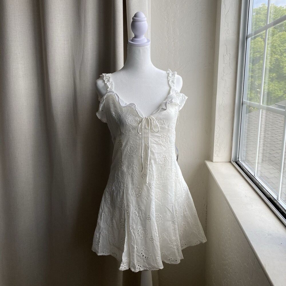 Lush Mini Dress Womens L White Eyelet Lined Ruffle Cottagecore Coastal Babydoll